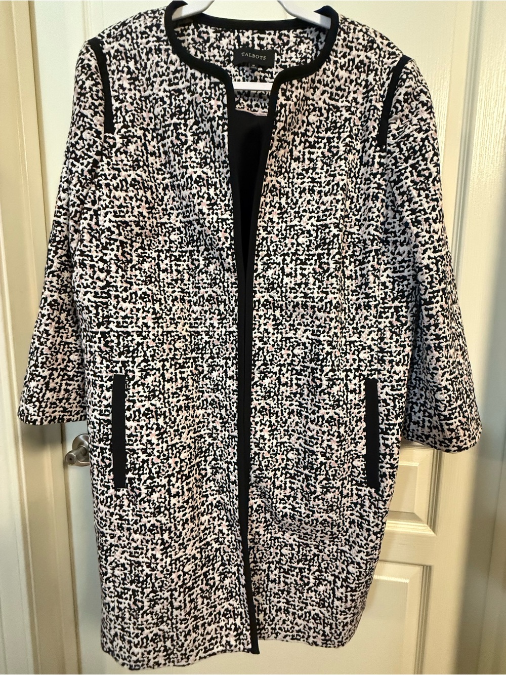 Talbots Black and White Textured Open-Front Blazer Coat Longline